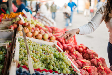 Buying groceries at farmers market. Close-up.