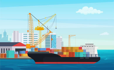 Obraz premium Logistics truck and transportation container ship. Cargo harbor port with industrial cranes. Shipping yard vector illustration.