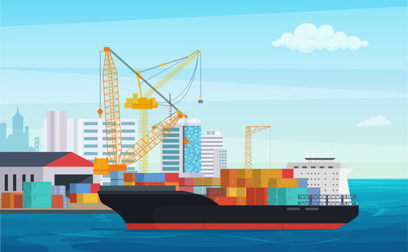 Logistics truck and transportation container ship. Cargo harbor port with industrial cranes. Shipping yard vector illustration.