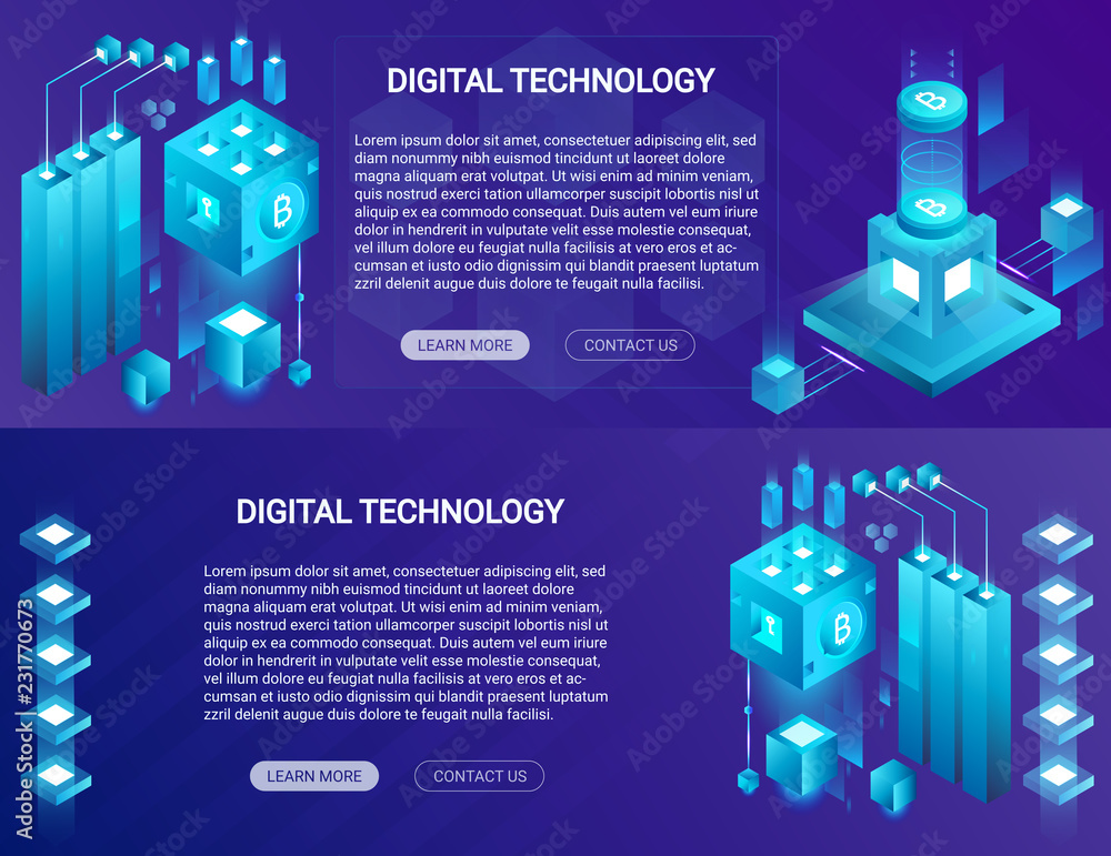 Poster cryptocurrency, bitcoin, blockchain isometric horizontal banners with web place of text and buttons.