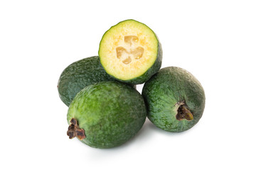 Closeup feijoa group of fruits isolated at white background.