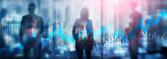 Stock trading candlestick chart and diagrams on blurred office center background.