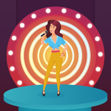 Woman Singer Star Singing Pop Song With Microphone Standing On Circle Modern Stage With Lamps Vector Illustration.