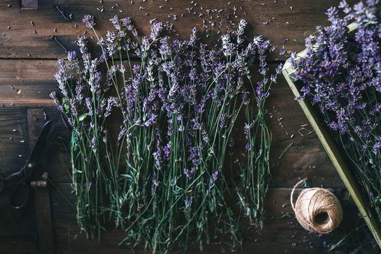 Woman arranging lavender bouquet