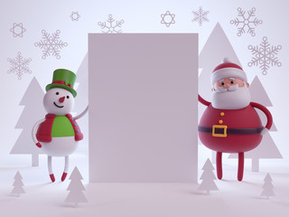 3d render, Christmas illustration, snowman and santa claus holding blank banner, white page,...