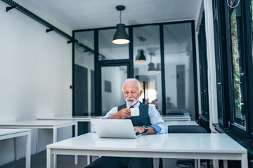 Successful businessman drinking coffee and using laptop.