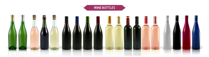 A large set of photo-realistic wine bottles on a white background with shadow and reflection. Mocap for advertising red, white and rose wine.