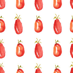Seamless watercolor surface pattern from fresh ripe plum tomatoes on white background. Fresh tomatoes flat lay, side view.