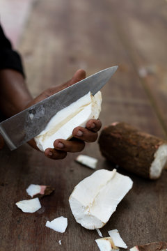 Person cutting a cassava root