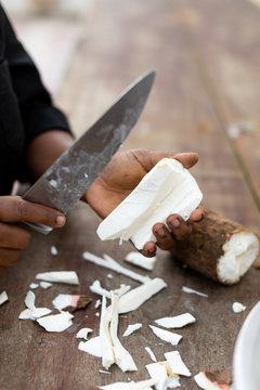 Person cutting a cassava root