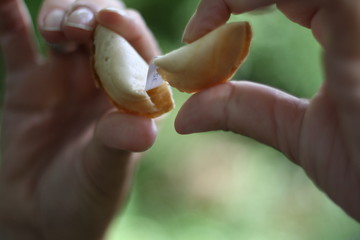 Mão abrindo um biscoito da sorte ao ar livre