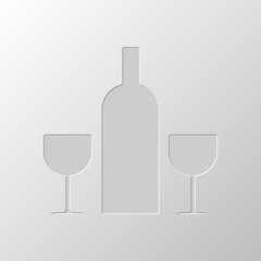 glasses and bottle. Paper design. Cutted symbol. Pitted style