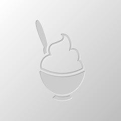 ice cream or porridge in bowl icon. Paper design. Cutted symbol.