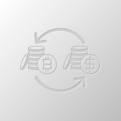 change bitcoin icon. Paper design. Cutted symbol. Pitted style