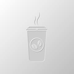 cup of hot coffee icon. Paper design. Cutted symbol. Pitted styl