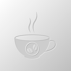 cup of hot coffee icon. Paper design. Cutted symbol. Pitted styl