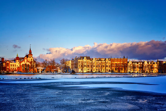Panorama of the old town at Pfaffenteich lake in Schwerin.