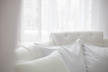 White bed in the morning. concept of hotel business, overnight.