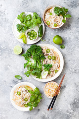 Vegetarian traditional Vietnamese soup Pho bo with herbs, rice noodles, broccolini, bok choy, bean sprouts, mushrooms. Vietnam national dish. Asian food concept.