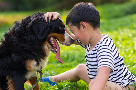 Lovely little asian boy having fun with his dog outdoor in the l