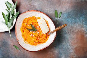 Butternut squash spirilized noodles with sage, bread crumbs and blue cheese. Vegetable low carb pasta recipe.