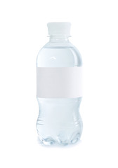 Plastic bottle of pure water with blank tag on white background