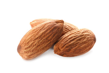 Organic almond nuts on white background. Healthy snack