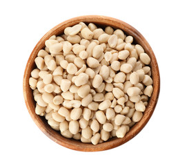 Shelled peanuts in bowl on white background, top view