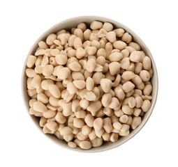 Shelled peanuts in bowl on white background, top view