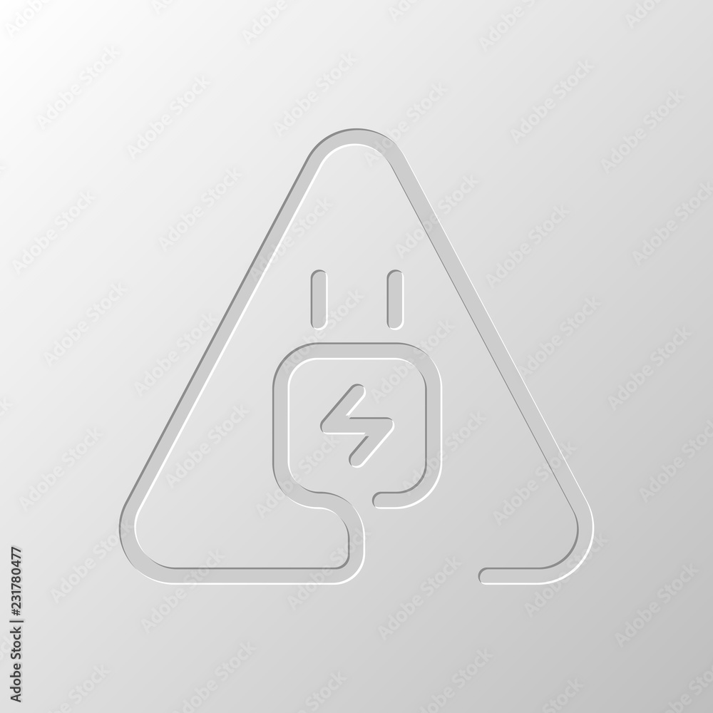 Poster electric power plug in warning triangle. simple linear icon with