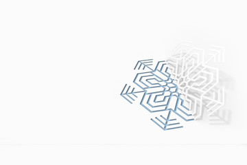 Carved paper snowflake folded in half, bent, casts a beautiful shadow 3d illustration