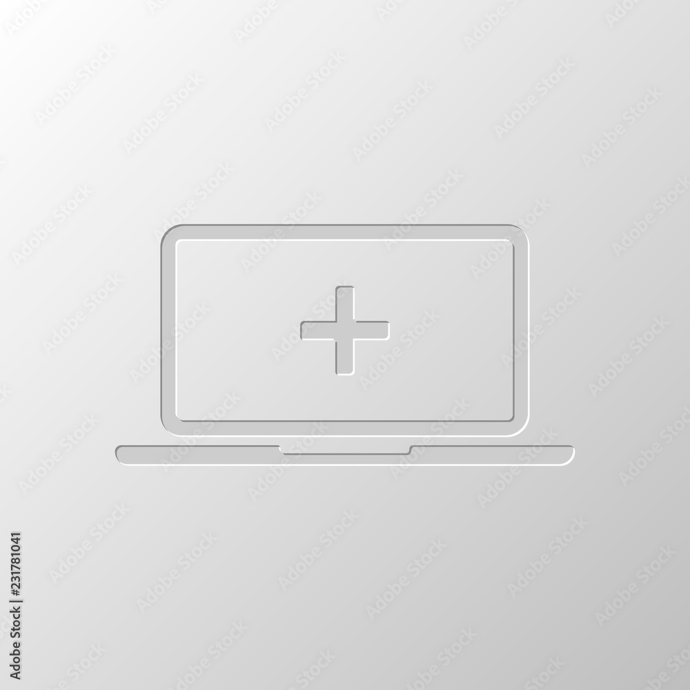 Poster laptop or notebook computer with medical cross on screen. simple