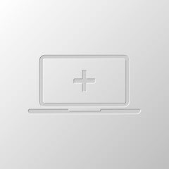 Laptop or notebook computer with medical cross on screen. Simple