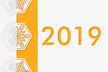 Carved paper snowflakes folded in half, bent, casts a beautiful shadow on a white background and number 2019 3d illustration
