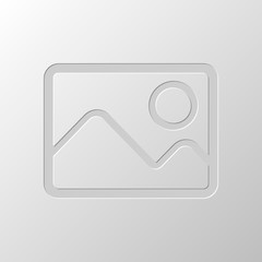 Picture with couple of mountains and sun. Simple linear icon. Pa