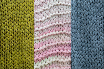 Three examples texture of knitted wool fabric, green, pink, blue