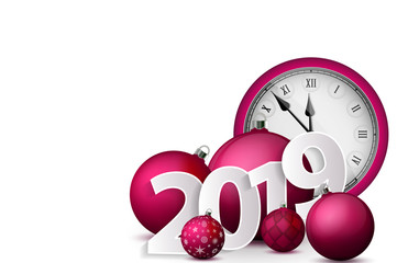 Xmas and New Year 2019 concept. Pink christmas balls with silver holders and vintage watch. Set of isolated realistic objects. Vector illustration