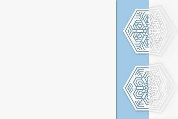 Carved paper snowflakes folded in half, bent, casts a beautiful shadow on a white background 3d illustration