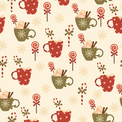 Winter holidays hot drinks and candies. Vector seamless pattern.