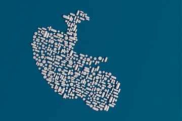 Many pills scattered on a blue background in the form of a human embryo 3D illustration
