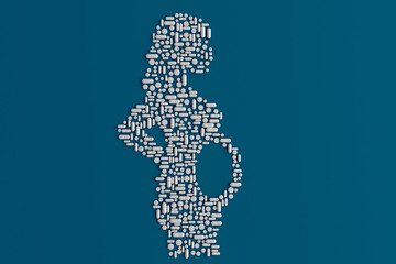 Many pills scattered on a blue background in the form of a silhouette of a pregnant woman 3D illustration