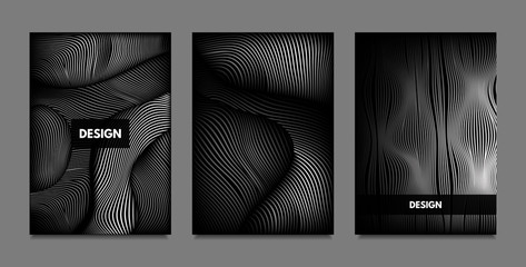 Distortion of Lines. Abstract Backgrounds with Vibrant Gradient and Wavy Stripes. Monochrome Cover Templates Set with Volume and Metallic Effect. Distorted Shapes for Business Presentation, Brochure.