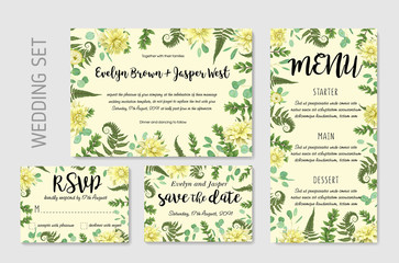 Wedding Invitation, flowers of yellow dahlia, fern leaves greenery, eucalyptus and boxwood branches, forest foliage decorative frame print