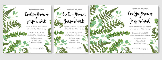 Wedding Invitation set, fern leaves greenery, eucalyptus and boxwood branches, forest foliage decorative frame print, vignettes