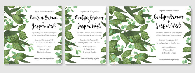 Vector card floral design with green watercolor, herbs, leaves eucalyptus, white lily, botanical green, decorative frame, square. Cute greeting, postcard template