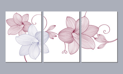 A set of 3 canvases for wall decoration in the living room, office, bedroom, kitchen, office. Home decor of the walls. Floral background with flowers of lily. Element for design. 