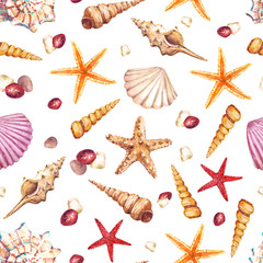 Watercolor seamless pattern with underwater life objects - seashells, starfish and stones.