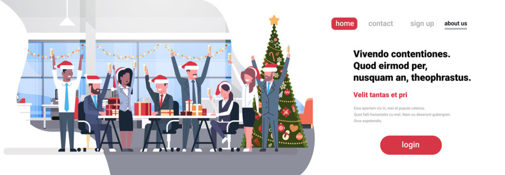 business team raised hands in modern office decorated fir tree happy new year merry christmas celebration concept flat copy space horizontal vector illustration