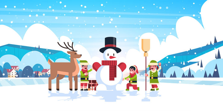 green elves group making snowman merry christmas happy new year banner flat horizontal vector illustration