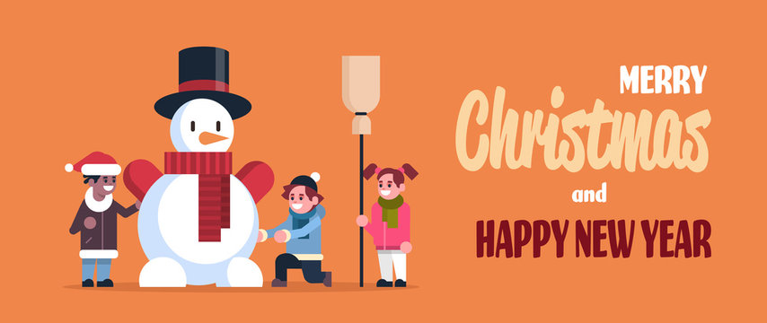 mix race children making snowman merry christmas happy new year banner flat horizontal vector illustration